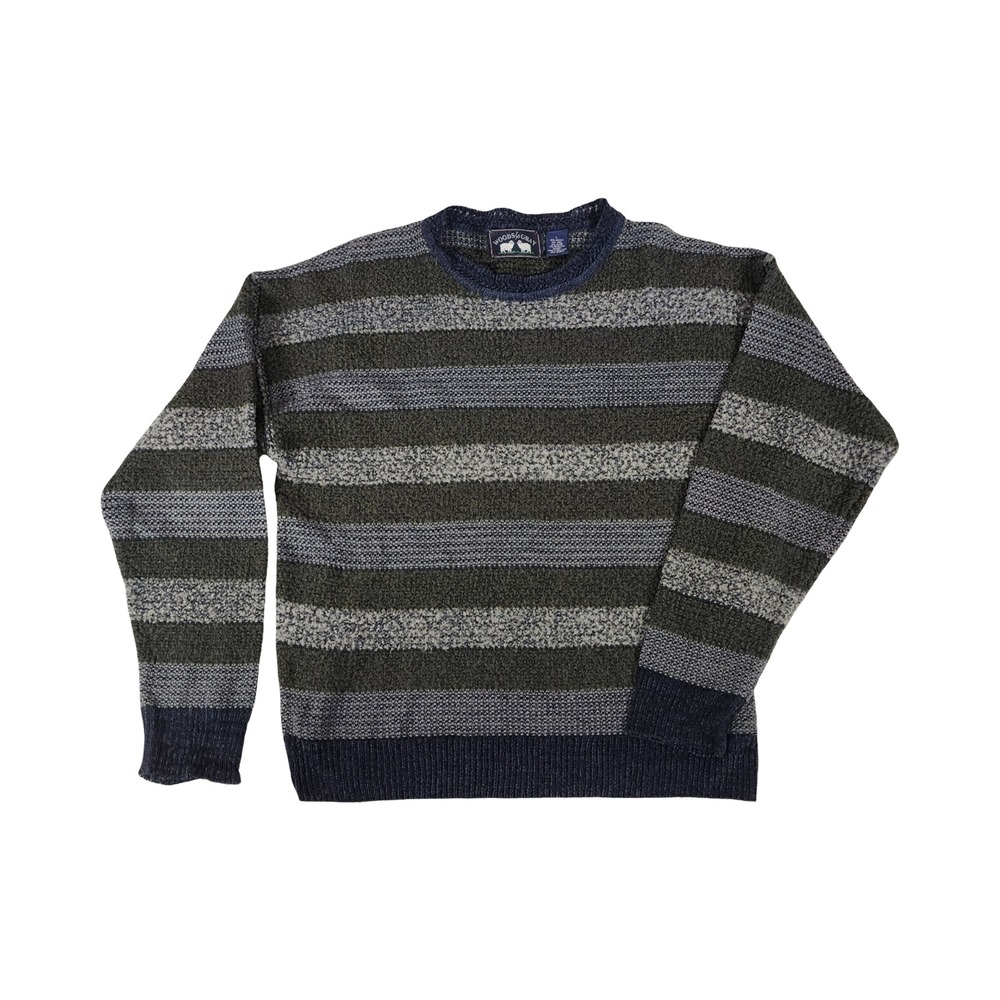 Vintage Woods‎ & Gray Striped Knit Sweater Mens L Wool Blend Crew Neck